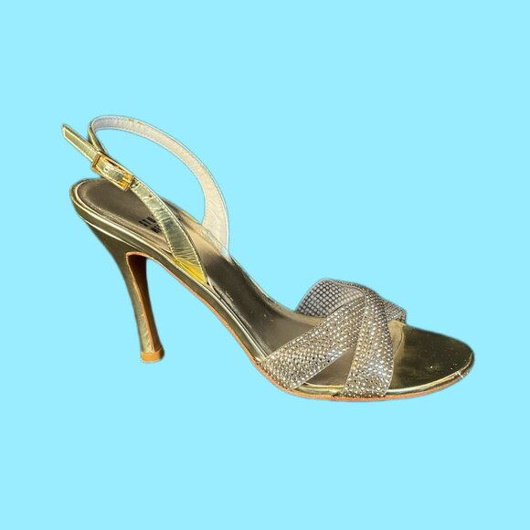 Stuart Weitzman Women's Rhinestone Embellished Gold Heeled Sandals - Picture 2 of 4